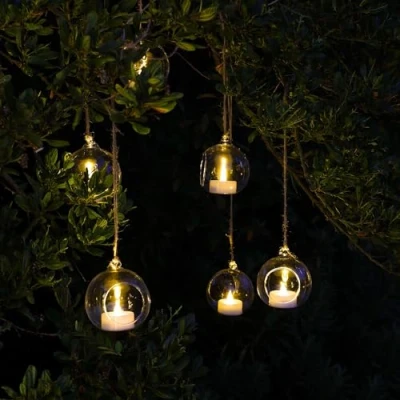 Image of Noma Hanging Glass Bubble Tea Light Holders With LED Lights : Remote Control Pack of 6 Battery, White