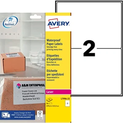 Image of Avery Printable, Customisable Weatherproof/Waterproof, Parcel Mailing Labels, Laser Printers, L7996 25, White, 2 Per A4 Sheet.