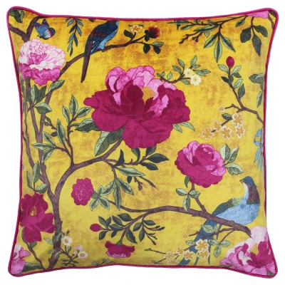 Image of Riva Paoletti Feather Filled Cushion Yellow Chinoiserie Flower Bird Print Piped Edges Machine Washable 100 Case (20&quot; x 20&quot; inches), Polyester, Gold, 50 50cm
