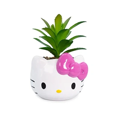 Image of Silver Buffalo Sanrio Hello Kitty Face 3 Inch Ceramic Mini Planter with Artificial Succulent