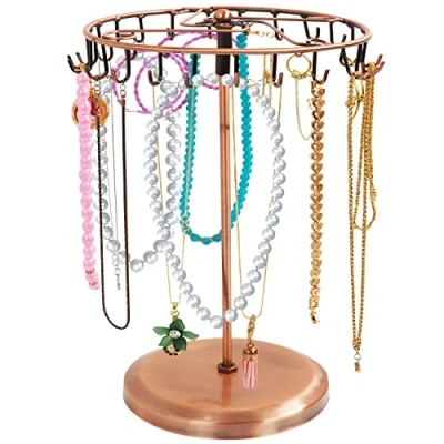 Image of BELLE VOUS Copper Metal Rotating Jewellery Holder Display Stand (23 Hooks) H34.8 x W20.5cm / 13.70 8.07 Inches Hanging Organiser Tower Rack Storage for Necklaces &amp; Bracelets, Rings Earrings