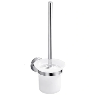 Image of Round Wall Mounted Toilet Brush and Frosted Glass Holder