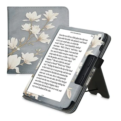 Image of kwmobile Case Compatible with Kobo Libra 2 PU Leather Cover Magnet Closure, Stand, Strap, Card Slot Magnolias Taupe/White/Blue Grey