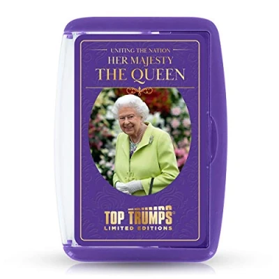 Image of Top Trumps HM Queen Elizabeth II Limited Editions Card Game, learn about 30 key moments of her Majesty including Corgis, horses and Jubilee celebrations, for players aged 6 plus