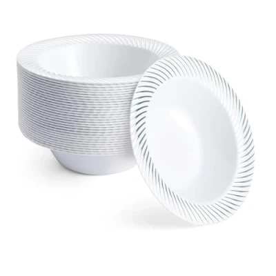 Image of MATANA 20 Premium White Plastic Bowls with Silver Rim, 360ml Elegant, Sturdy &amp; Reusable Soup Dessert for Weddings, Birthdays, BBQ, Buffets, Catering, Parties