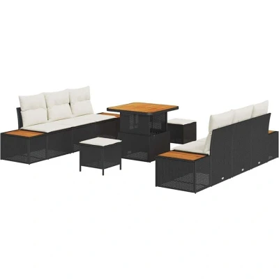 Image of vidaXL 9 Piece Garden Sofa Set with Cushions Black Poly Rattan Acacia
