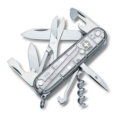 Image of Victorinox Climber Swiss Army Pocket Knife, Medium, Multi Tool, 14 Functions, Blade, Bottle Opener, Silver Transparent
