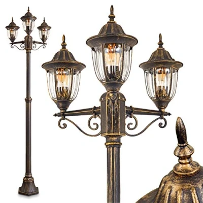 Image of Outdoor lamp Ribadeo, Candelabra in Antique Look, cast Aluminium Black/Gold with Clear Glass panes, 3 arm Path Light 225 cm, Retro/Vintage Garden lamp, E27 Socket, IP44, Without Bulbs