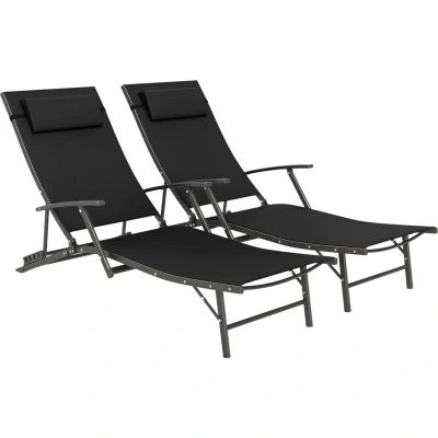 Image of Outsunny Set of 2 Folding Sun Loungers for Garden, 4 Positions Adjustable Outdoor Chaise Lounge Chairs with Armrests, Pillows, Steel Frame, Sunbed Recliners Patio, Beach and Poolside, Black
