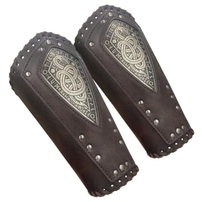 Image of HiiFeuer Viking Embossed Dragon Faux Leather Arm Guards, Medieval Vintage Mercenary Bracers, Retro Knight Gauntlets (Dark Brown A)