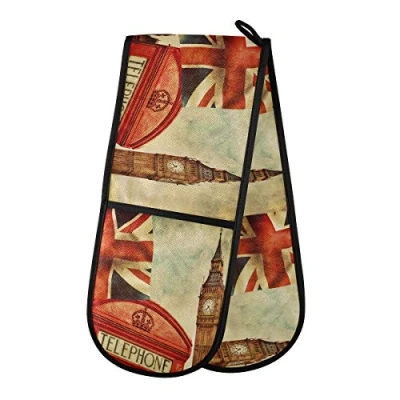 Image of TropicalLife Double Oven Glove Mitts Retro London Big Ben Union Jack Heat Resistant Pot Holders for Home Kitchen Cooking Baking Outdoor BBQ