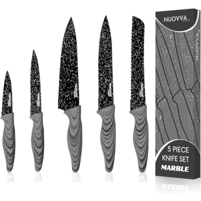 Image of nuovva Professional Kitchen Knife Set 5pcs Black Granite Knives Stainless Steel Non Stick Blades Chefs, Filleting, Bread, Paring and Utility