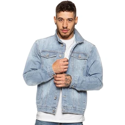 Image of Enzo Mens Designer Denim Jacket Western Classic Style Trucker Vintage Coat (3XL, Light Blue)