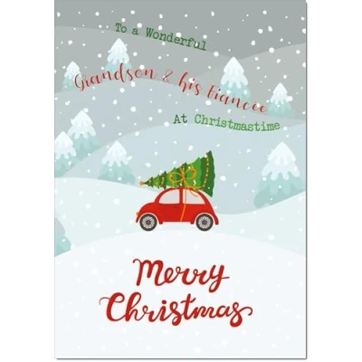 Image of doodlecards Grandson and Fiancee Christmas Card Tree on Car Medium Size for &amp; with Plain Envelope