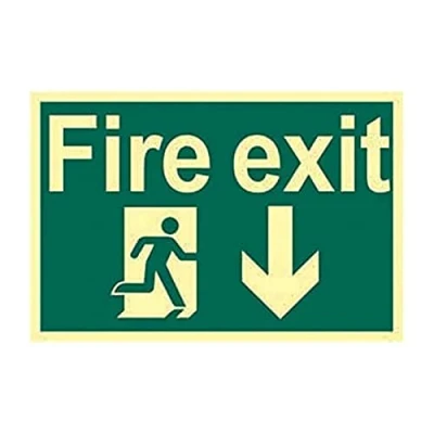 Image of Scan SCA1580 Self adhesive PVC sign Fire exit running man arrow down Photoluminescent 300 x 200mm
