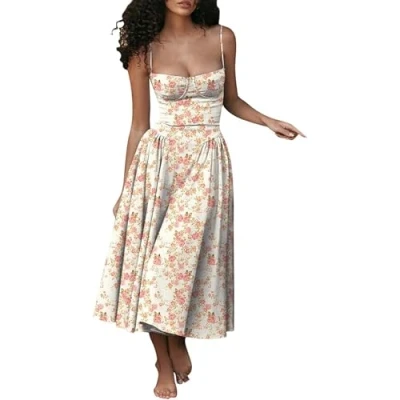 Image of CERAVI Sleeveless Corset Fit Midi Dress Spaghetti Strap Sundress Solid Color Print Bustier High Waist A Line with Pockets (Pink Print,M)