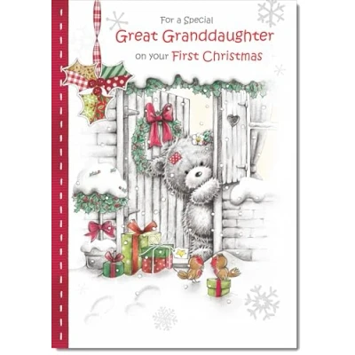 Image of doodlecards Great Granddaughters 1st First Christmas Card Grey Bear in Snow Medium Size for with Plain Envelope
