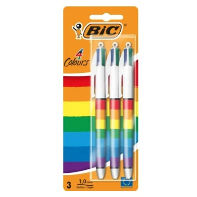 Image of rainbow BIC 4 colours in 1 retractable ball pen pack of 3