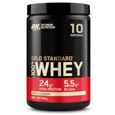 Image of Optimum Nutrition Gold Standard 100% Whey Muscle Building and Recovery Protein Powder with Naturally Occurring Glutamine BCAA Amino Acids, Vanilla Ice Cream Flavour, 10 Servings, 300g