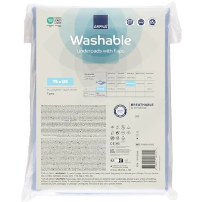 Image of Abena Washable Incontinence Bed Pads with Flaps 1 Pad 85x75cm Sheets in A Light Blue Colour. Polyester/Rayon and TPU Protectors for Incontinence.