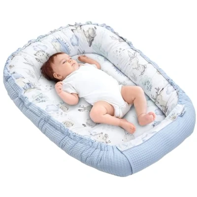 Image of Medi Partners Baby nest Pod Newborn Sleepyhead 100% Cotton Waffle 100x60x15cm Bed Pillow Accessories Cocoon for Babies (Deer and Hedgehogs with light blue Waffle)