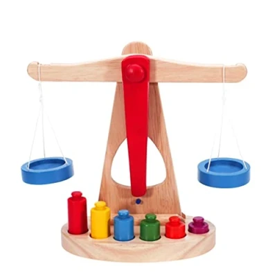 Image of Wooden Scale Toy Math Learning Weighing Kid Educational Tools with 6 Weights .NOPEILVI