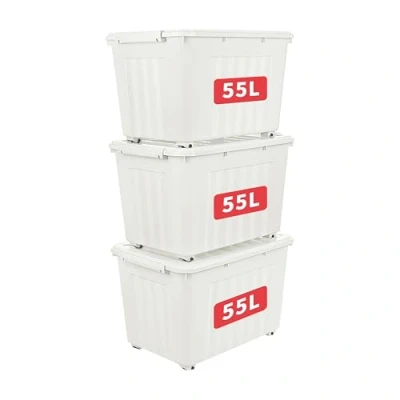 Image of Cetomo 55L*3 Plastic Storage Box,White, Tote box, Organizing Container with Durable Lid and Secure Latching Buckles, Stackable Nestable, 3Pack, Buckle