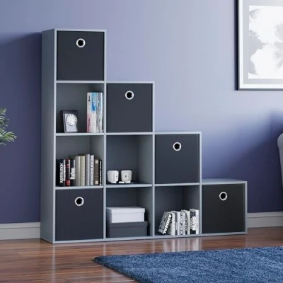 Image of Vida Designs Durham Staircase Bookcase Shelves Storage Organiser Living Room Furniture (10 Cube &amp; 5 Black Baskets, Grey)