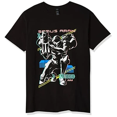 Image of Nintendo Men&#039;s Metroid Graphic Tees Shirt, Black // Samus Aran Neon, Large