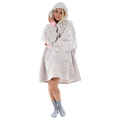 Image of Hodge and Adults Unisex Hoodie Blanket Sweatshirt Sherpa Fleece Oversize Top Pink Leopard