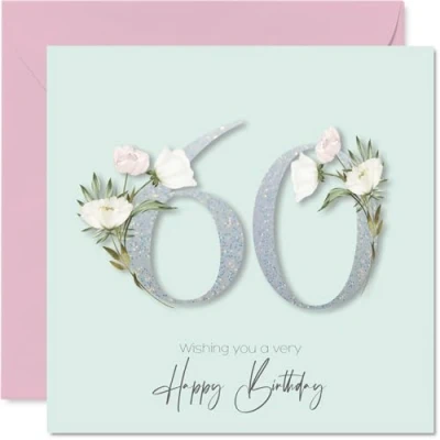 Image of 60th Birthday Cards for Women Fancy Floral Flowers Happy Card 60 Year Old Woman Nan Nanny Neighbour Cousin, 145mm Bday Greeting