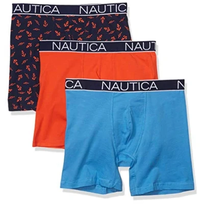 Image of Nautica Men&#039;s 3 Pack Classic Cotton Stretch Boxer Briefs, Orange Poppy/Aero Blue/Anchor Peacoat, M