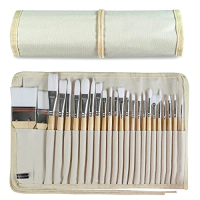 Image of Paint Brushes Set of 24 Pieces Wooden Handles with Canvas Brush Case, Professional for Oil, Acrylic and Watercolor Painting