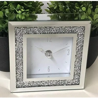 Image of Biznest 14X14Cm Small Jewel Square Table Clock Crushed Diamante Desk Elegant Diamond Crystal Mirror Numbers Room Decoration