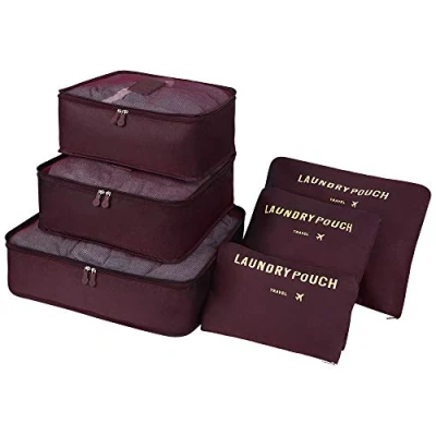 Image of Vicloon Travel Organiser Packing Bags, 6 PCS Cubes Set for Clothes Luggage Organizers Storage Bags (Wine Red)