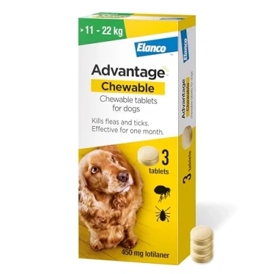Image of Advantage Chewable 450mg Tablets For Dogs &gt;11 22kg (3 pack), Flea and Tick Treatment, Fast Acting Kills Fleas Within Hours, Prevention Lasts A Month, Easy To Administer