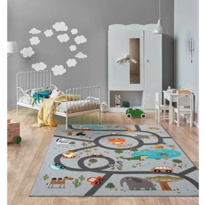 Image of the carpet Happy Life Children&#039;s Room Rug, Play Mat, Washable, Street Jungle, Animals, Car, Grey, 160 x 220 cm