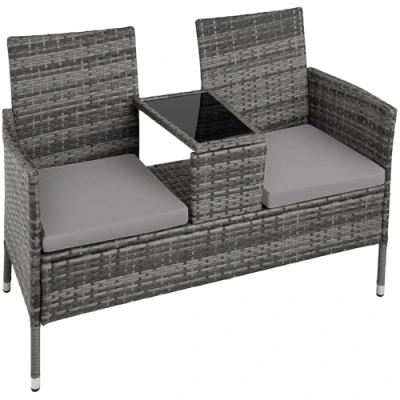 Image of TecTake 800168 Garden bench with table Poly rattan outdoor love seat Relaxed summer patio bistro dining for 2 (Grey &amp; Light Grey)
