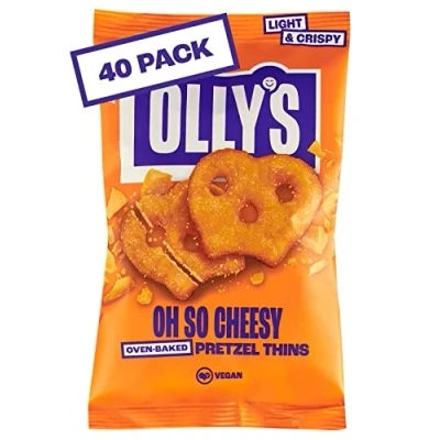 Image of Olly&#039;s Pretzel Thins, Oh So Cheesy, 35g (Pack of 40), Handy Snack Pouches, Healthy Plant Based Vegan Snacks for Dipping, Low Calorie Snacks, Fat, Source Fibre, No Preservatives