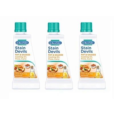 Image of Dr Beckmann Stain Devils Fat &amp; Sauces Cooking Oil, Pizza Curry Remover (3 x 50ml)