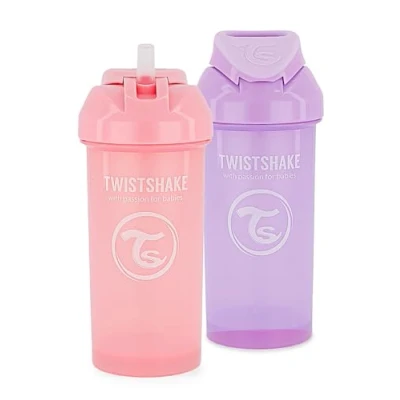 Image of Twistshake 2X Baby Sippy Cup with Straw 360ml Leak Proof Water Bottle Non Spill BPA Free Training for Kids &amp; Toddlers Pink Purple