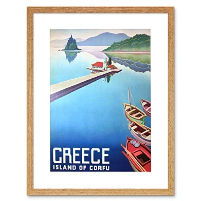 Image of Wee Blue Coo Travel Island Corfu Greece Boats Pier Framed Wall Art Print