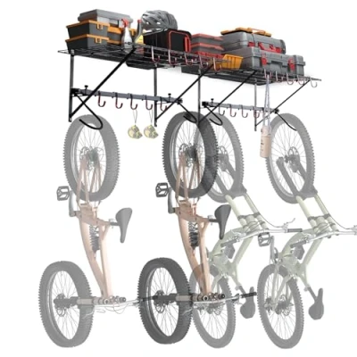 Image of VEVOR Bike Storage Rack, 4 Racks, Wall Mount Hanger with 2 Shelves, Home and Garage Organizer, Customizable for Various Sizes, Adjustable Holder, Holds Up to 500 lbs, 63 inch