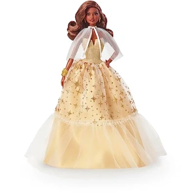 Image of ​2023 Holiday Barbie Doll, Seasonal Collector Gift, Signature, Golden Gown and Displayable Packaging, Dark Brown Hair, HJX05