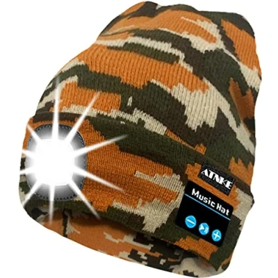 Image of ATNKE LED Lighted Bluetooth Beanie Cap, USB Rechargeable Wireless Musical Running Hat Ultra Bright 4 Waterproof Light Lamp Use for Skiing Hiking Camping Cycling/Camouflage Golden