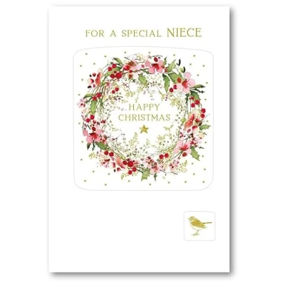 Image of Nigel Quiney Special Niece Christmas Card Winter Wreath and Stars Embossed with Foil Details Eco Friendly Recyclable