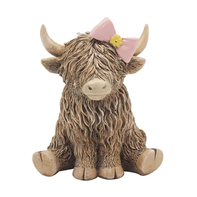 Image of The Leonardo Collection Happy Highland Cow Pretty in Pink Sitting with Bow Figurine, LP73652