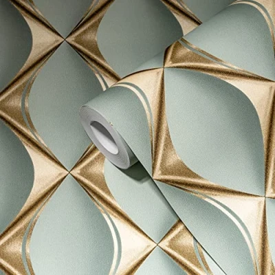 Image of Livingwalls My Home Spa 3D Wallpaper Modern Eucalyptus Green 386913 Non Woven Gold Blue 10.05 x 0.53 m Made in Germany, Eucalyptus, Green,