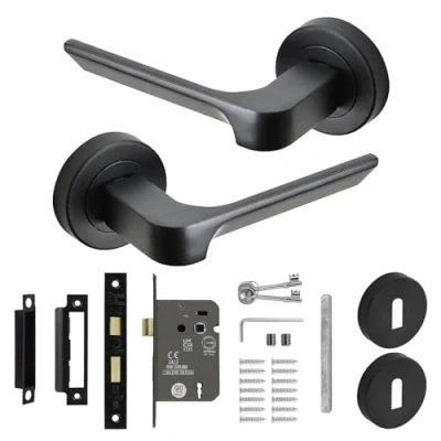 Image of Decoranddecor Black Door Handles Internal Sets, Handle Set, Matt Internal, Interior Mirage Range (2.5 Inch Mortice Lock with Keys Key Hole Escutcheon Cover)