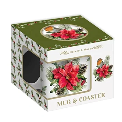 Image of Harvey &amp; Mason Festive Red Robin Christmas New Bone China Mug Coaster Set Xmas Gift White